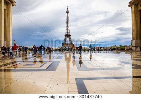 Paris, France - 24.04.2019: Aerial View Of Tower Eiffel On Beautiful Cloudy Sky In Paris In France