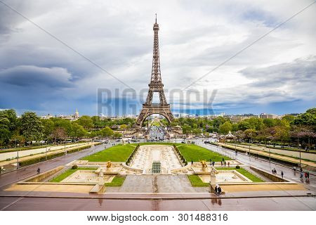 Paris, France - 24.04.2019: Aerial View Of Tower Eiffel On Beautiful Cloudy Sky In Paris In France