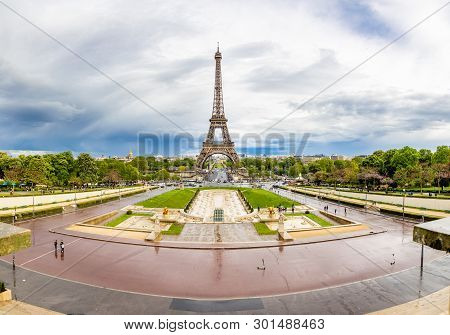Paris, France - 24.04.2019: Aerial View Of Tower Eiffel On Beautiful Cloudy Sky In Paris In France