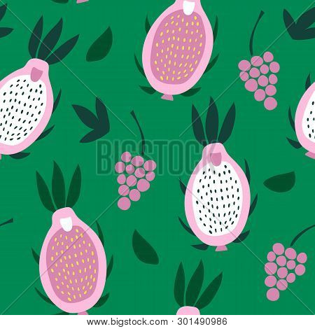 Seamless Pattern Of Pink Pitaya And Grapes On A Green Background.