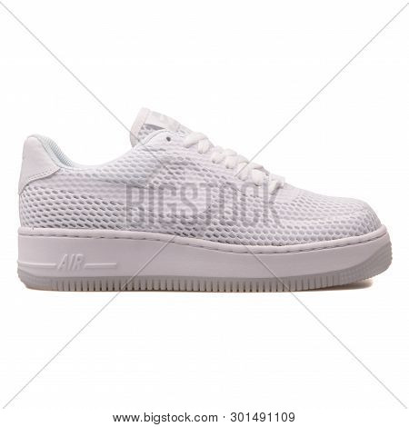 Vienna, Austria - August 10, 2017: Nike Air Force 1 Low Upstep Br White Sneaker On White Background.