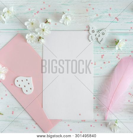 Layout For Greeting Card With Flowers. Mock Up Blank, Template, Frame For A Blog Post. Frame For Tex