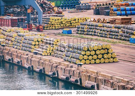 Industrial Goods And Containers With Products In The Marine Port. Sea Transportation Shipping Concep