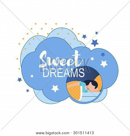 Sweet Dreams Wish Cartoon Illustration. Vector Flat Clouds And Stars Sleeping Girl Portrait. Teenage