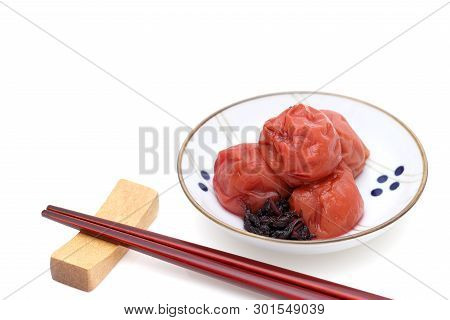 Japanese Food, Salted Umeboshi On White Background