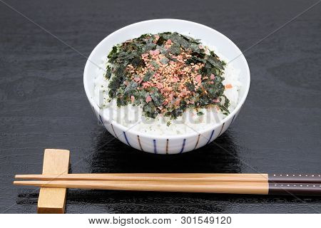 Japanese Food, Cooked Rice With Furikake Of Shake And Nori