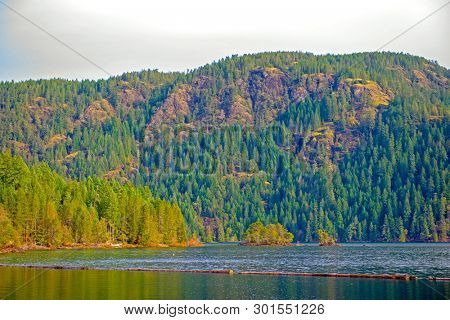 View of Gordon Bay Park in Cowichan Lake during the fall, taken on Vancouver Island, canada