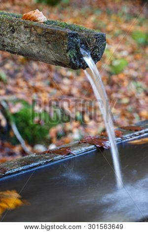 Mountain Spring Of Pure, Clear, Fresh Water With Water Trough In The Forest. Natural Resources, Wate