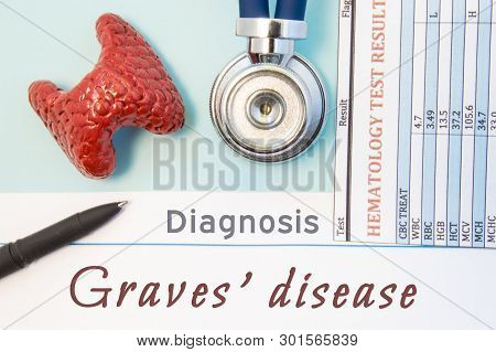 Endocrinology Diagnosis Graves Disease. Figure Of Thyroid Gland, Result Of Laboratory Analysis Of Bl