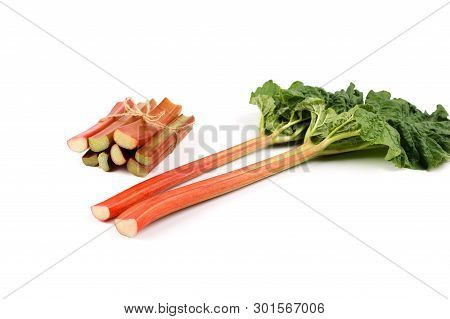 Rhubarb Isolated. Red Stalks , Bunch Of Cut Rhubarb  On White. Fresh And Juicy Ready To Be Cooked.im