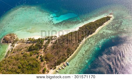 Aerial View Tropical Island With Sand White Beach, Palm Trees. Malcapuya, Philippines, Palawan. Trop