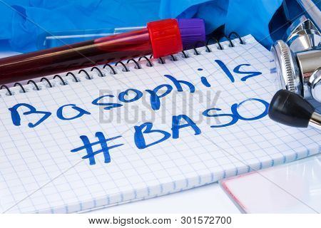 Basophils Count Procedure (#baso) White Blood Cell Test. Laboratory Test Tubes With Blood, Stethosco