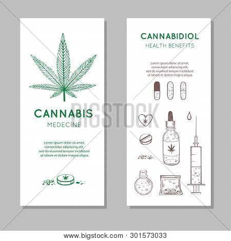 Cannabidiol Health Benefits Vector Background, Banners. Hand Drawn Infographic Set Of Medical Cannab