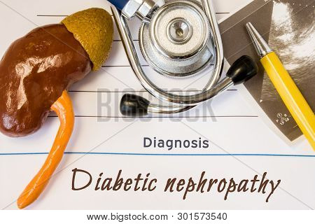Diagnosis Diabetic Nephropathy Photo. Figure Of Kidney Lies Next To Incription Of Diagnosis Of Diabe