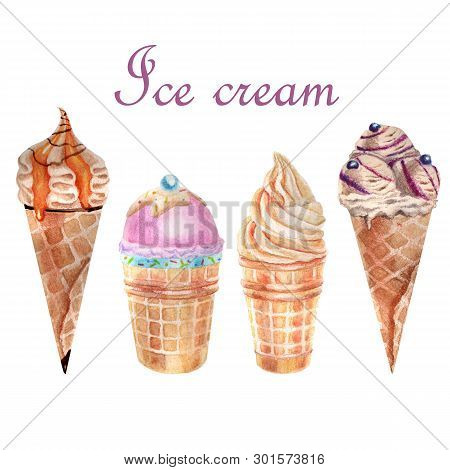 Watercolor Food Illustration. Set Of Delicious Ice Cream