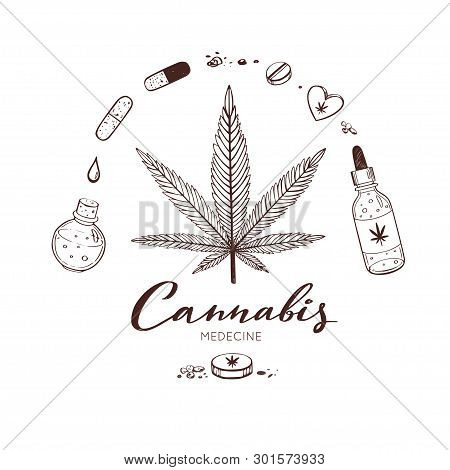 Vector Hand Drawn Infographic Set Of Medical Cannabis Banefits, Marijuana. Pills, Bottles, Oil And O