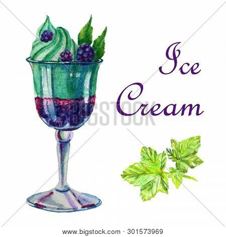 Watercolor Food Illustration. A Delicious Ice Cream Dessert In The Bowl