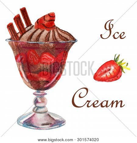 Watercolor Food Illustration. A Delicious Ice Cream Dessert In The Bowl