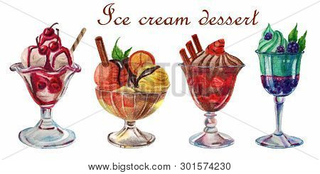 Watercolor Food Illustration. Set Of Delicious Ice Cream Desserts