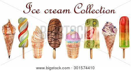 Watercolor Food Illustration. Set Of Delicious Ice Cream