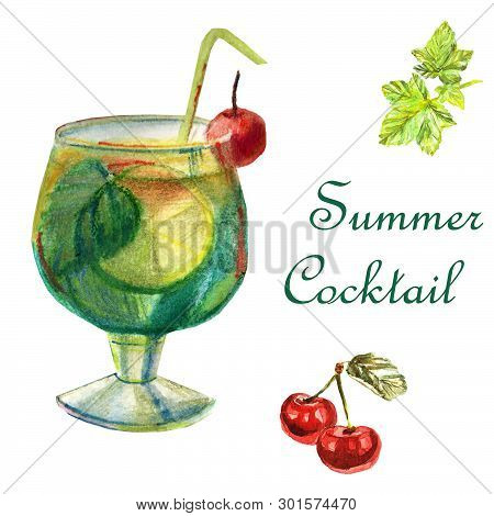 Watercolor Bright Summer Illustration. Delicious Cocktail With Cherry