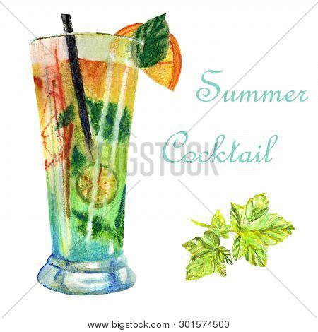 Watercolor Bright Summer Illustration. Delicious Cocktail With Orange