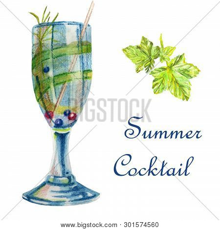 Watercolor Bright Summer Illustration. Delicious Cocktail With Cowberry