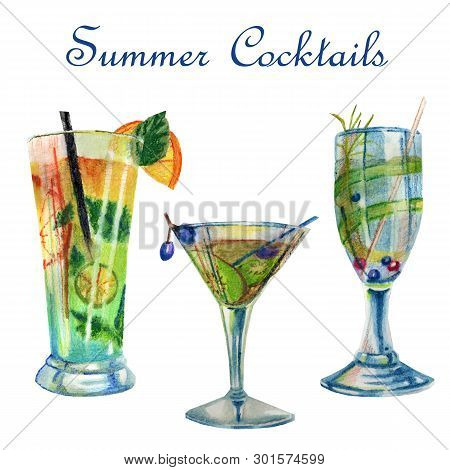Watercolor Bright Summer Illustration. Set Of Cocktails