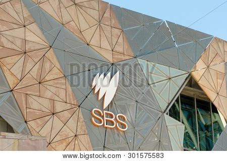 Melbourne, Australia - August 29th 2018: Sbs Logo On Sbss Melbourne Offices In Federation Square