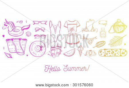 Vector Bsckground Of Summer Fashion Trends For Woman And Girls. Beach, Ocean Modern Style