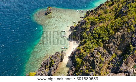 El Nido Palawan National Park Philippines. Warm Hidden Lagoon Near The Rocks. Tropical Island With R