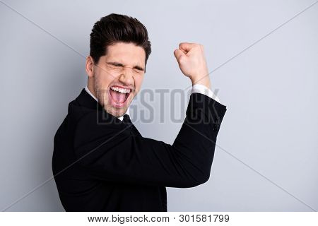 Close Up Portrait Emotional Chairmen Boss Collar Youngster Thrilled Scream Shout Yeah Raise Fists Ex