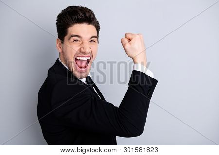 Close Up Portrait Emotional Millennial Chairmen Executive Feel Thrilled Scream Shout Yeah Raise Fist