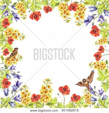 Watercolor Square Frame Of Eremurus, Puppies, Bluebells, Leaves, Sparrows