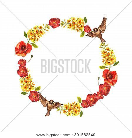 Watercolor Circle Frame Of Red Violets, Puppies, Yellow Eremurus And Sparrows