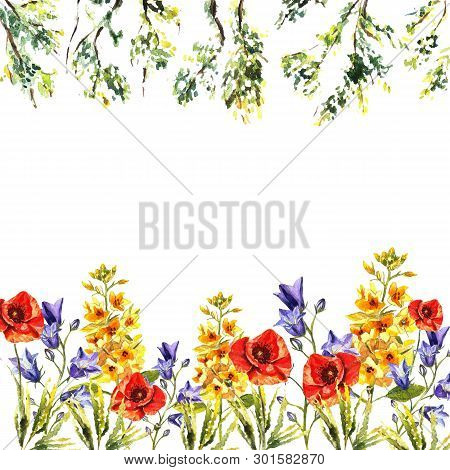 Watercolor Frame Of Bluebells, Puppies, Eremuruses, Leaves, Brunches Of Trees