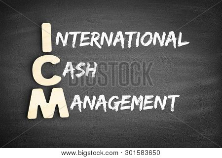 Wooden Alphabets Building The Word Icm - International Cash Management Acronym On Blackboard
