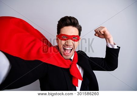 Close Up Photo Adventurous Expression He Him His Man Flying Use Superpower Make Take Selfies Show St