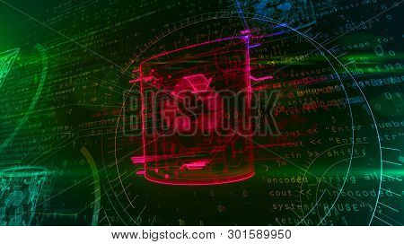 Computer Trash Symbol On Dynamic Digital Background. Glowing Digital Data Delete Icon Abstract 3d Il