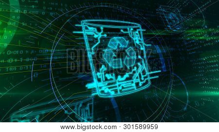Computer Trash Symbol On Dynamic Digital Background. Glowing Digital Data Delete Icon Abstract 3d Il
