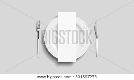 Blank White Menu Mockup On Plate With Cutlery, Top View, Isolated, 3d Rendering. Clear Brochure With