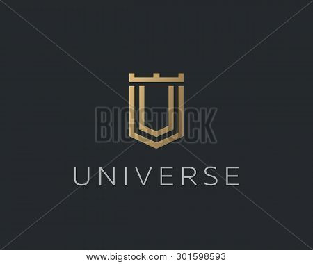 Premium Monogram Letter U V Initials Logotype. Elegant Shield Crown Vector Logo.