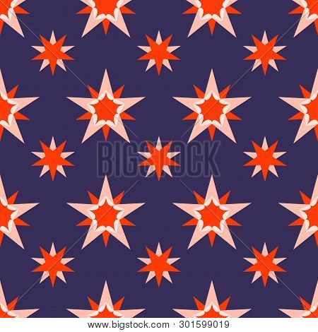 Beautiful Fark Blue Background With Red Stars. Holiday Seamless Pattern. Ornament For Gift Wrapping 