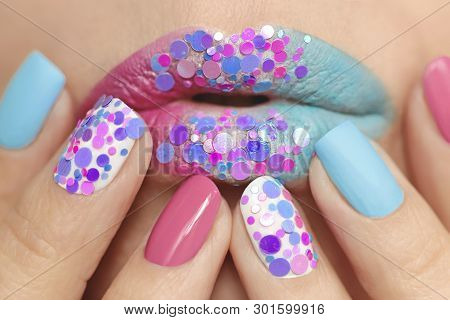 Creative Multi-colored Pastel Make-up Of Lips And Nails With Round Glitters. Fashionable Manicure Wi