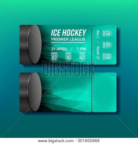Ticket Tear-off Coupon For Hockey Sport Vector. Modern Bright Flyer Invitation On Ice Hockey Premier