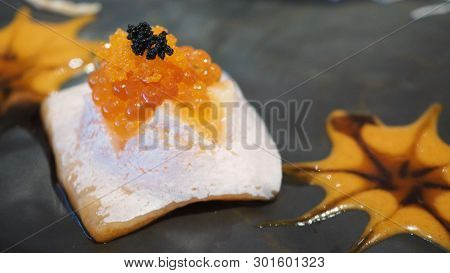 Raw Salmon Toro Top With Salmon Roe( Ikura) And Shrimp Eggs(ebiko) .it Is Japanese Food