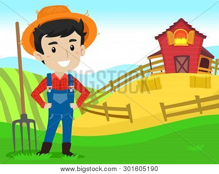 Vector Illustration Of A Farmer With Hay Fork In Farm Field Background