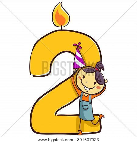 Vector Illustration Of Number Two Candle With Stick Figure Little Girl Kid Holding A Party Hat