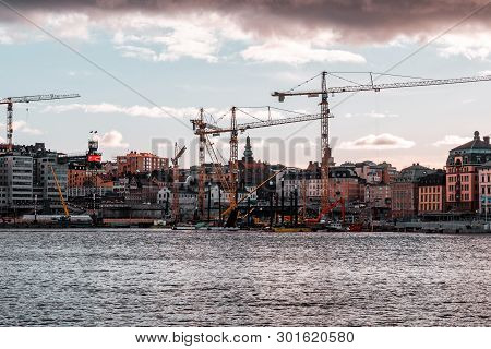 Editorial 03.26.2019 Stockholm Sweden Massive Construction Works With Many Cranes Going On At Slusse