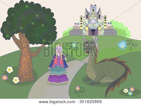 Princess Castle And Dragon In Vector Illustration